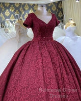 Ball Gown V Neck Lace Dress With Sleeves